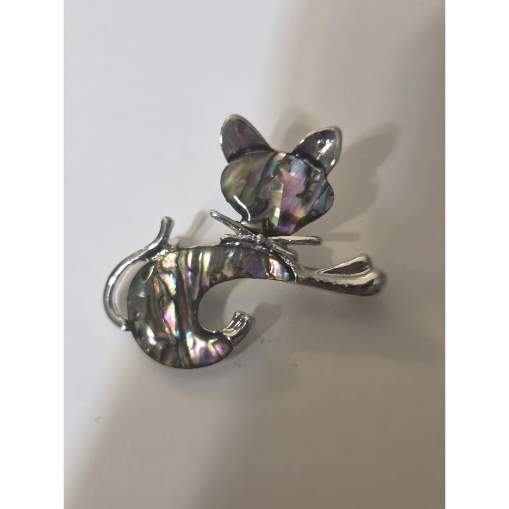 Abalone-Style Cat Pin Brooch Stretching Pose W Bow Silver Tone